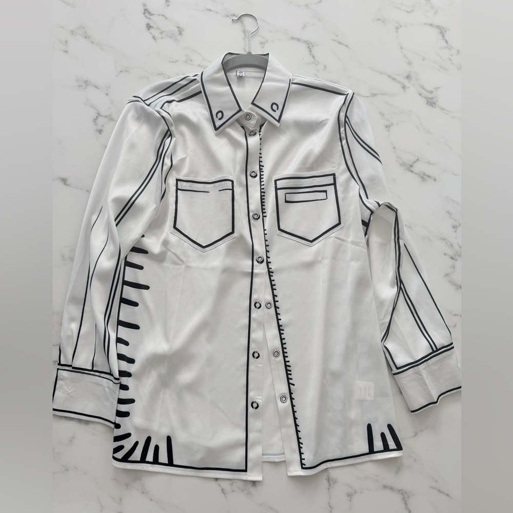 White Button-Up Shirt with Black Graphic Design